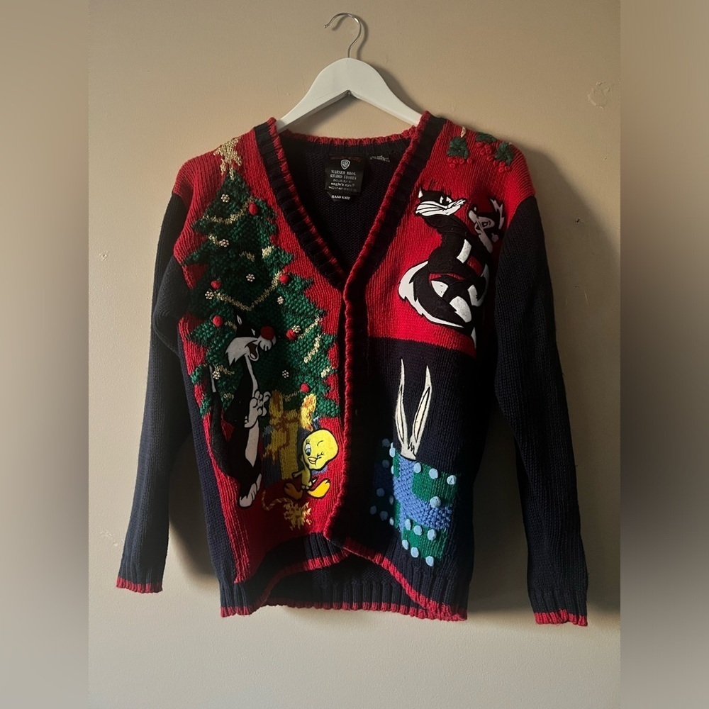 VINTAGE 1995 LOONEY TUNES/WARNER BROS.EAGLES EYE HAND KNIT XMAS SWEATER SIZE S - Picture 4 of 12